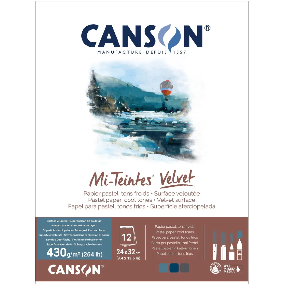 Canson Mi-Teintes Velvet pastellblokk Cool Tones, 24×32 cm, 12 ark, 430 g/m²