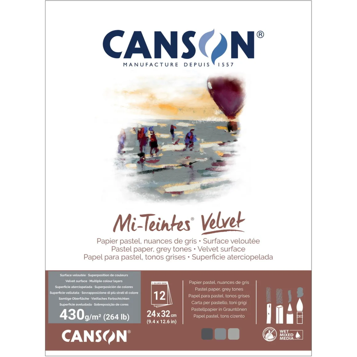 Canson Mi-Teintes Velvet pastellblokk Grey Tones, 24×32 cm, 12 ark, 430 g/m²