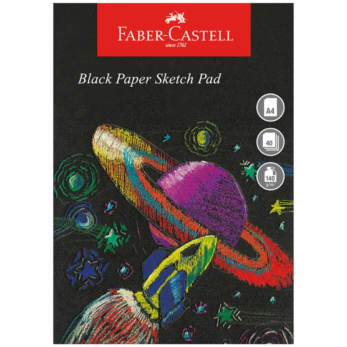 Faber-Castell Black Paper skisseblokk A4 – 210×297 mm, 40 svarte ark, 140 g/m²