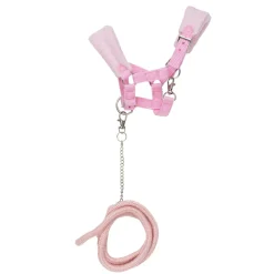 Fleecefôret rosa grime med matchende grimeskaft til kjepphest og hobby horse