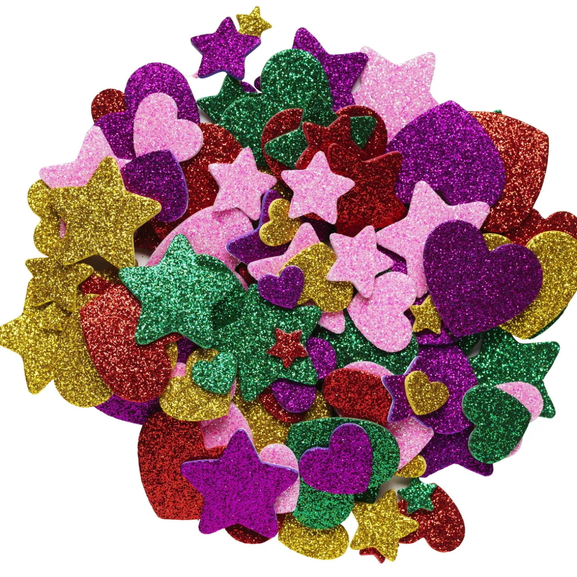 Funky Foam Stjerner og hjerter med glitter, 150 stykker selvklebende dekorgummi, diameter 20–25 mm