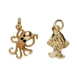 2 gullfargede anheng / charms, blekksprut med svarte øyne 15,5×12 mm, fisk 10×14 mm