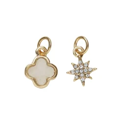 2 gullfargede anheng / charms, stjerne med strass Ø9 mm, blomst hvitt sentrum Ø10 mm