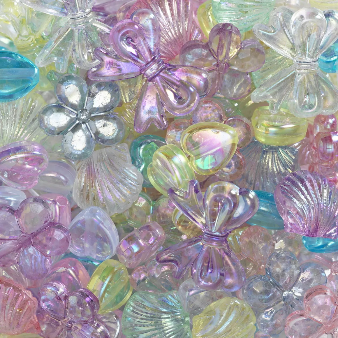 Iriserende transparente perler i ulike farger og former, 360 stk. Ø8–18 mm