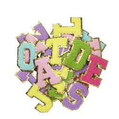 Iron-On bokstaver, fargerik miks med gullglitter, 40 stk. A–Z, lengde 6 cm