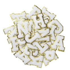 Iron-On bokstaver, hvite med gullglitter, 40 stk. A–Z, lengde 6 cm