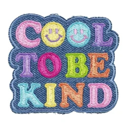 Iron-on stoffmerke med teksten Cool to be kind + smileys, 65×57 mm