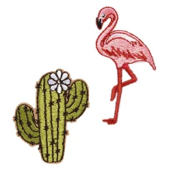 Iron-on stoffmerker flamingo og kaktus, 2 stk. Kaktusen er 37x45 mm og flamingoen 35×60 mm