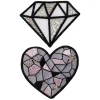 Iron-on strykemerke 1 diamant og 1 hjerte med sølv og glitter. 60×45 mm / Ø55 mm