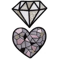 Iron-on strykemerke 1 diamant og 1 hjerte med sølv og glitter. 60×45 mm / Ø55 mm