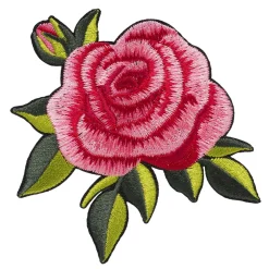 Iron-on strykemerke – stor og skinnende rosa rose med grønne blader, 70×75 mm