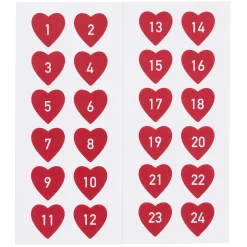 24 klistremerker 1–24 med røde hjerter