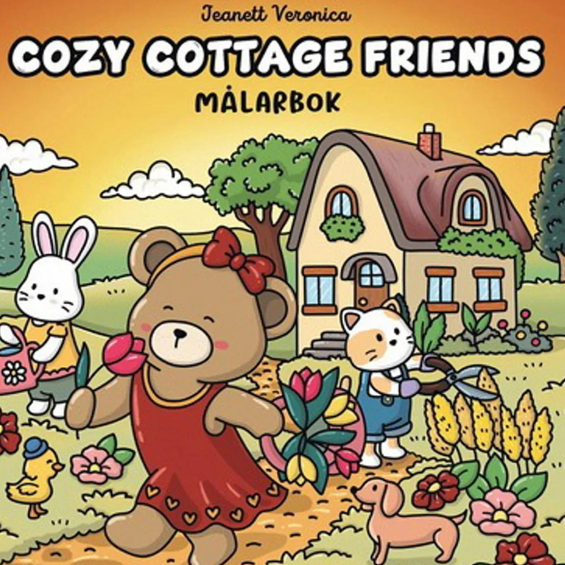 Malebok Cozy Cottage Friends, koselig malebok med 40 avslappende motiver, 25×25 cm