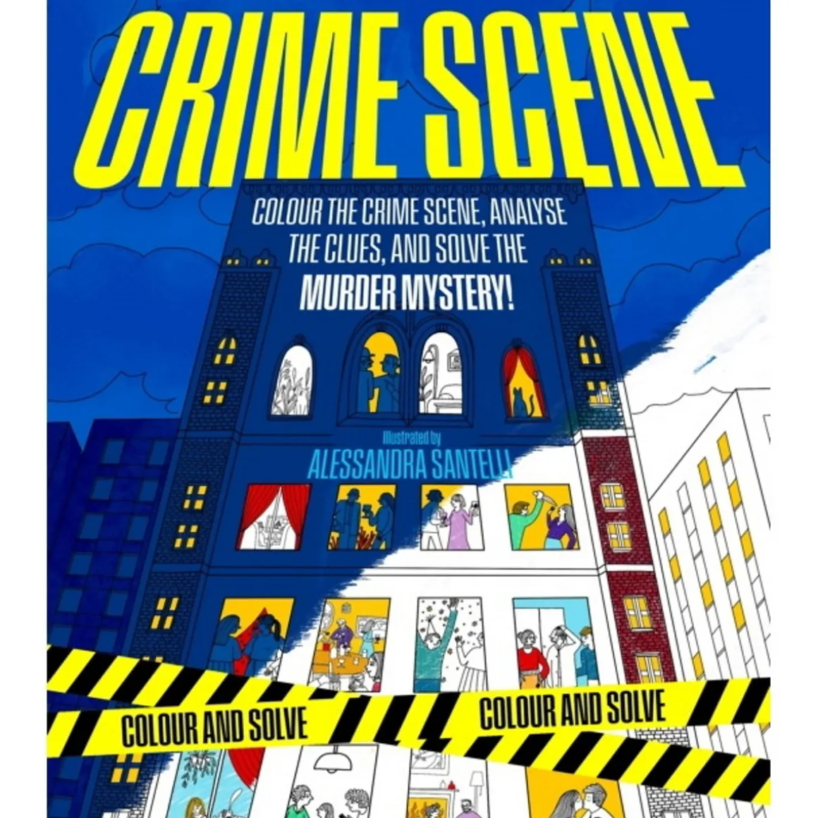 Malebok Crime Scene, fargelegg motivene og oppklar 35 forbrytelser! ENGELSK TEKST