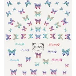 Negleklistremerker pastellfargede sommerfugler og «butterfly». 1 ark på 8,5×10 cm