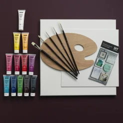 Panduro Acrylic startsett – 12 matte akrylfarger, pensler, palett og to lerreter