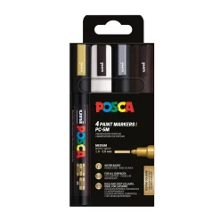 Posca PC-5M 4-pakning – sølv / gull / svart / hvit