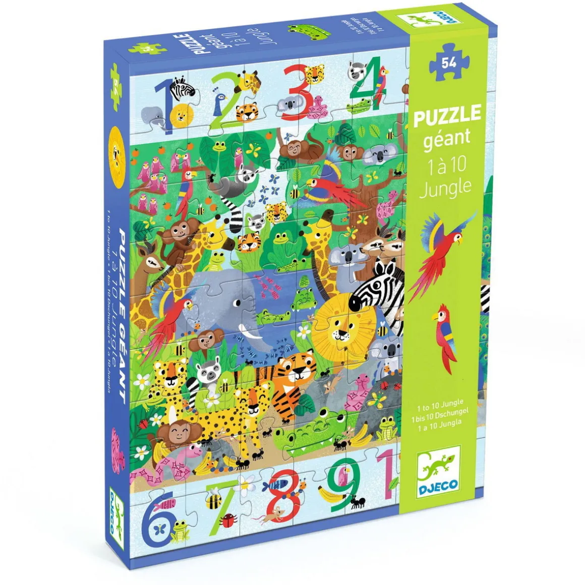 Puslespill 1 to 10 Jungle, matematikk + barnepuslespill med 54 biter, 52×70 cm