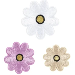 Strykemerker prestekrager 3 stk. Søte, skinnende blomster med gulltråd i midten, Ø30–45 mm