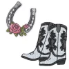 Strykemerker 2 stk. Cowboyboots 55×55 mm og hestesko med blomst 35×40 mm
