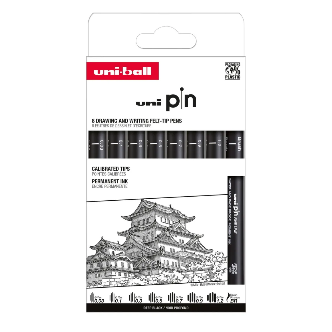 Uni Pin Fineliner 8-pakning, Set #2 – 7 fineliners og 1 brush / penselspiss